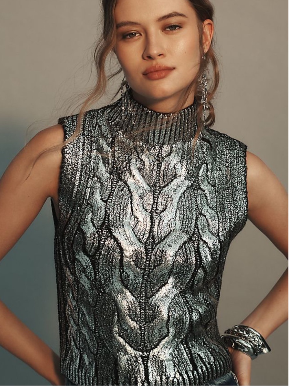 Pilcro Metallic Black & Silver Cable Knit Sleeveless Turtleneck Vest